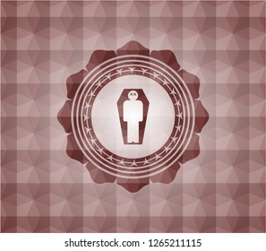 dead man in his coffin icon inside red seamless emblem with geometric pattern.