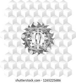 dead man in his coffin icon inside retro style grey emblem with geometric cube white background