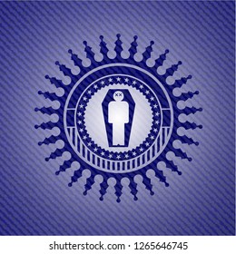 dead man in his coffin icon inside badge with denim texture