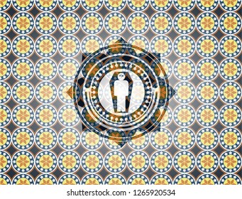 dead man in his coffin icon inside arabic emblem background. Arabesque decoration.