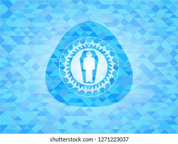 dead man in his coffin icon inside sky blue emblem with mosaic ecological style background