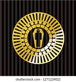 dead man in his coffin icon inside gold emblem or badge