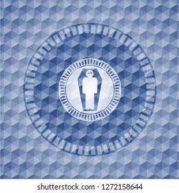 dead man in his coffin icon inside blue hexagon emblem.