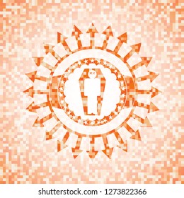 dead man in his coffin icon inside abstract emblem, orange mosaic background