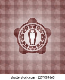 dead man in his coffin icon inside red seamless badge with geometric pattern.