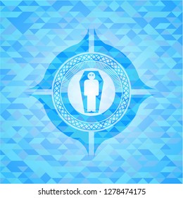 dead man in his coffin icon inside sky blue emblem with triangle mosaic background