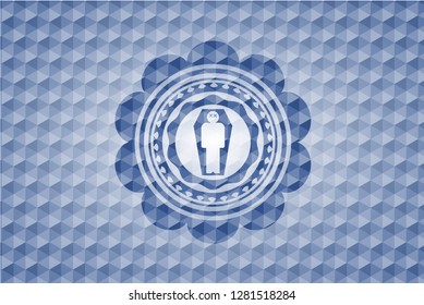 dead man in his coffin icon inside blue emblem or badge with abstract geometric pattern background.