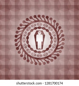 dead man in his coffin icon inside red emblem or badge with geometric pattern background. Seamless.