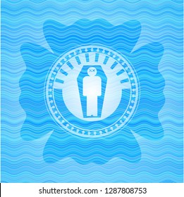 dead man in his coffin icon inside water wave badge background.