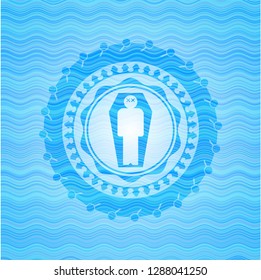 dead man in his coffin icon inside light blue water badge.