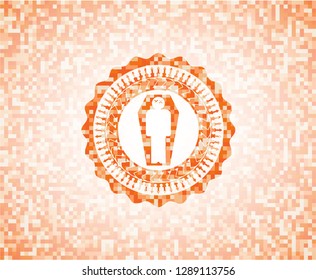 dead man in his coffin icon inside abstract orange mosaic emblem