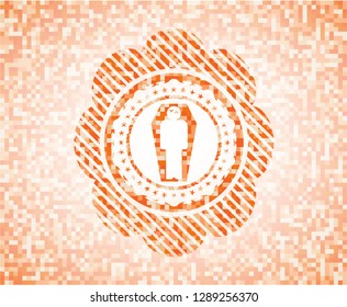 dead man in his coffin icon inside abstract emblem, orange mosaic background