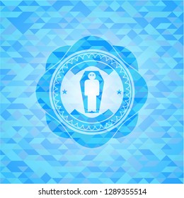 dead man in his coffin icon inside light blue emblem with triangle mosaic background