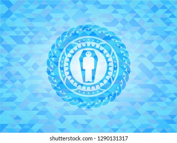 dead man in his coffin icon inside light blue emblem with triangle mosaic background