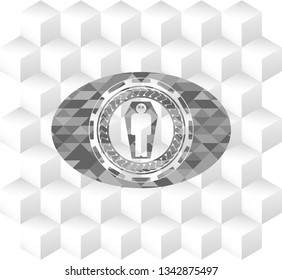 dead man in his coffin icon inside grey badge with geometric cube white background