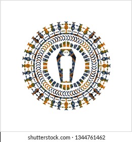 dead man in his coffin icon inside arabic style emblem. Arabesque decoration.