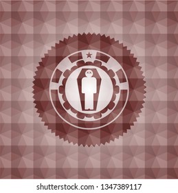 dead man in his coffin icon inside red seamless emblem or badge with geometric pattern background.