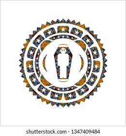 dead man in his coffin icon inside arabic emblem background. Arabesque decoration.