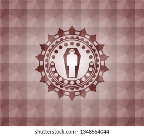 dead man in his coffin icon inside red emblem or badge with geometric pattern background. Seamless.