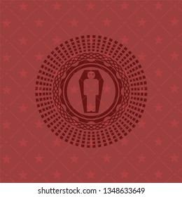dead man in his coffin icon inside red emblem. Vintage.