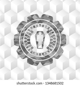 dead man in his coffin icon inside grey emblem with geometric cube white background