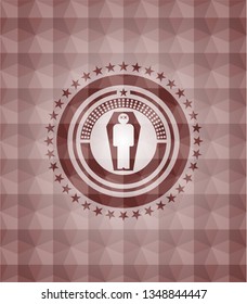 dead man in his coffin icon inside red seamless emblem or badge with geometric pattern background.