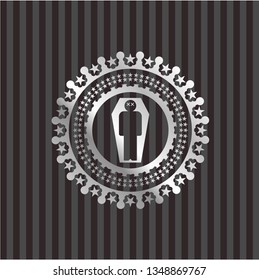 dead man in his coffin icon inside silver emblem or badge