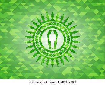 dead man in his coffin icon inside green emblem. Mosaic background