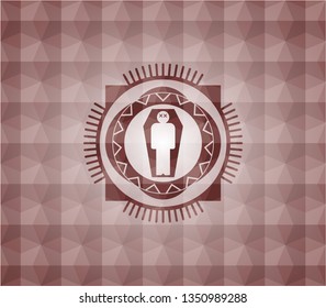 dead man in his coffin icon inside red seamless emblem with geometric pattern background.