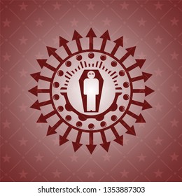 dead man in his coffin icon inside badge with red background