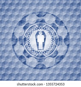 dead man in his coffin icon inside blue polygonal emblem.