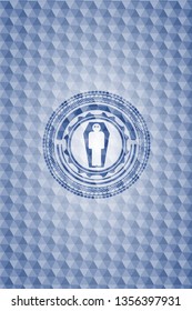 dead man in his coffin icon inside blue polygonal badge.