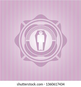 dead man in his coffin icon inside badge with pink background