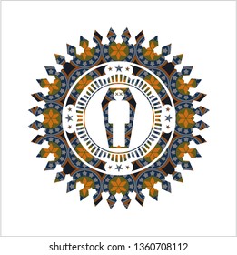 dead man in his coffin icon inside arabic badge background. Arabesque decoration.