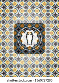 dead man in his coffin icon inside arabic badge background. Arabesque decoration.