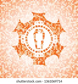 dead man in his coffin icon inside abstract emblem, orange mosaic background