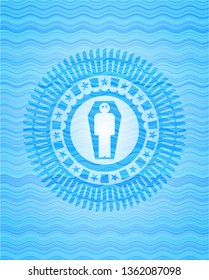 dead man in his coffin icon inside sky blue water wave badge.