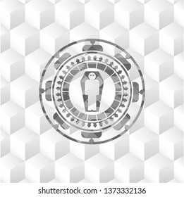 dead man in his coffin icon inside grey emblem with cube white background