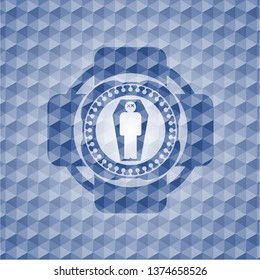 dead man in his coffin icon inside blue emblem or badge with geometric pattern background.