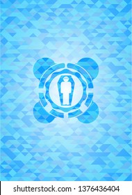 dead man in his coffin icon inside sky blue emblem with triangle mosaic background