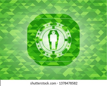 dead man in his coffin icon inside green mosaic emblem