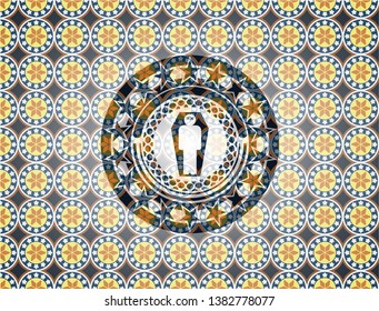 dead man in his coffin icon inside arabic badge. Arabesque decoration.