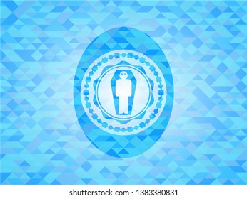 dead man in his coffin icon inside light blue emblem with mosaic ecological style background