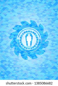 dead man in his coffin icon inside light blue emblem with triangle mosaic background