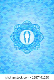 dead man in his coffin icon inside sky blue emblem with triangle mosaic background