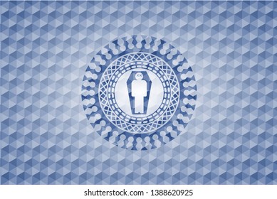 dead man in his coffin icon inside blue emblem or badge with abstract geometric polygonal pattern background.