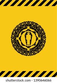 dead man in his coffin icon grunge black emblem with yellow background, warning sign. Vector Illustration. Detailed.