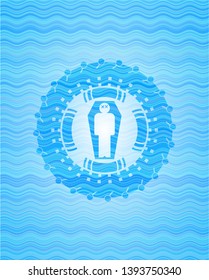 dead man in his coffin icon inside water wave representation emblem.