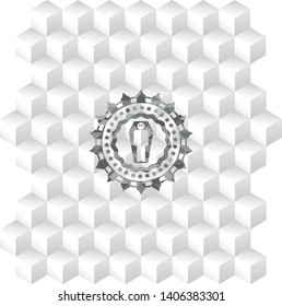 dead man in his coffin icon inside grey emblem with geometric cube white background