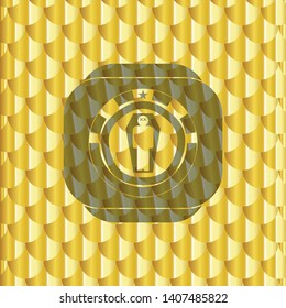 dead man in his coffin icon inside gold shiny emblem. Scales pattern. Vector Illustration. Detailed.